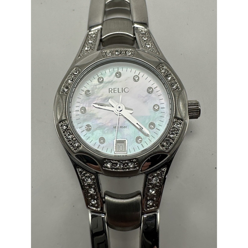 Relic ZR11771 Ladies MOP Date Watch 25MM 7.25" New Battery NWT Silver Tone C6